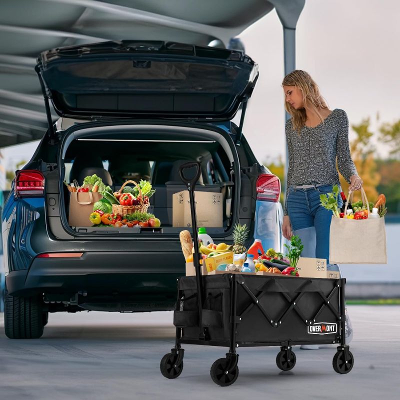Photo 1 of OVERMONT Collapsible Wagon with Tailgate - 220lbs Extended Lightweight Foldable Utility Wagons Folding Cart with Wheels - Small Garden Grocery Cart for Shopping,Grocery,Sports,Garden