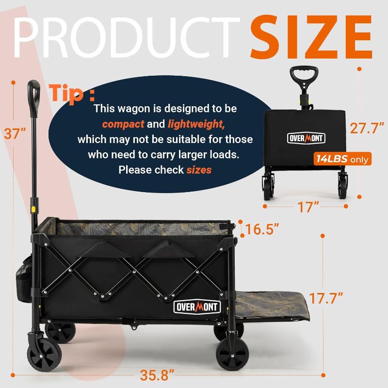 Photo 1 of OVERMONT Collapsible Wagon with Tailgate - 220lbs Extended Lightweight Foldable Utility Wagons Folding Cart with Wheels - Small Garden Grocery Cart for Shopping,Grocery,Sports,Garden
