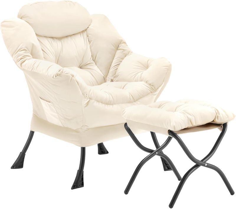 Photo 1 of Lazy Chair with Folding Ottoman, Accent Chair Velvet Upholstered with Metal Structure and Non-Slip Pads, Sofa Armchair with Footrest and Side Storage Bag for Dorm, Room, Office, Beige