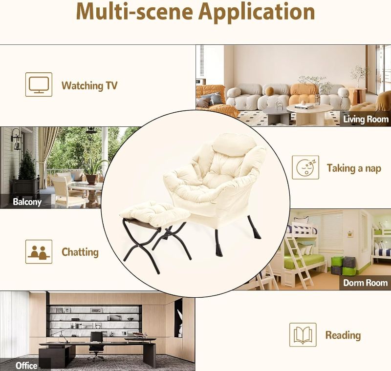 Photo 1 of Lazy Chair with Folding Ottoman, Accent Chair Velvet Upholstered with Metal Structure and Non-Slip Pads, Sofa Armchair with Footrest and Side Storage Bag for Dorm, Room, Office, Beige