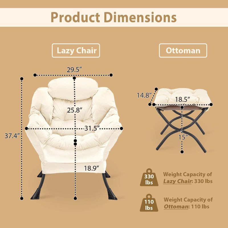 Photo 1 of Lazy Chair with Folding Ottoman, Accent Chair Velvet Upholstered with Metal Structure and Non-Slip Pads, Sofa Armchair with Footrest and Side Storage Bag for Dorm, Room, Office, Beige