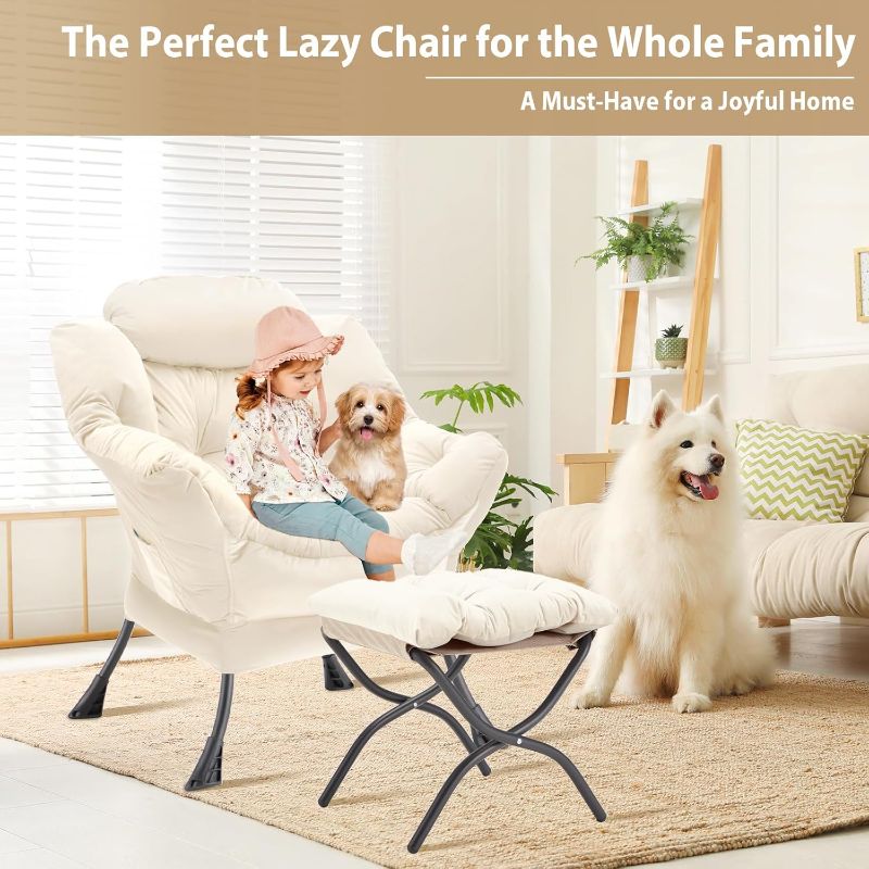 Photo 1 of Lazy Chair with Folding Ottoman, Accent Chair Velvet Upholstered with Metal Structure and Non-Slip Pads, Sofa Armchair with Footrest and Side Storage Bag for Dorm, Room, Office, Beige