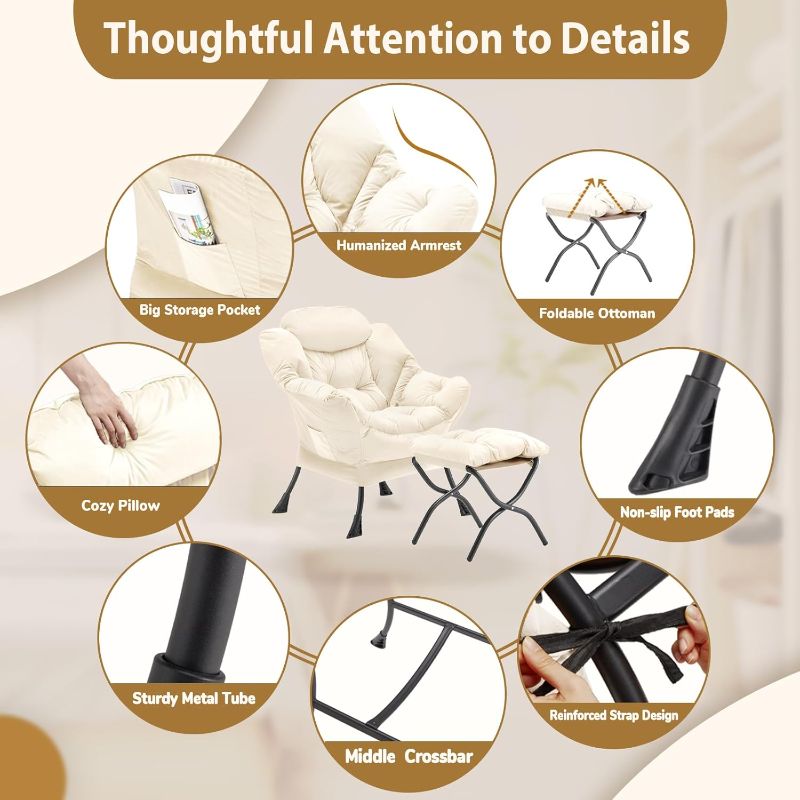 Photo 1 of Lazy Chair with Folding Ottoman, Accent Chair Velvet Upholstered with Metal Structure and Non-Slip Pads, Sofa Armchair with Footrest and Side Storage Bag for Dorm, Room, Office, Beige