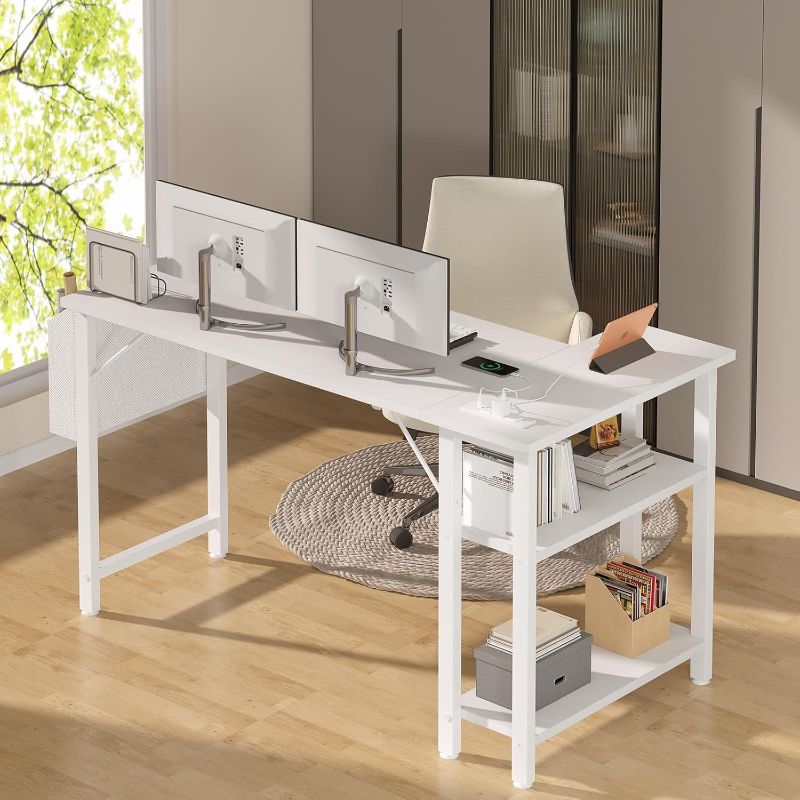 Photo 1 of Lufeiya White L Shaped Computer Desk with Power Outlet Shelves, 47 Inch Corner Desk for Home Office Bedroom, L-Shaped Study Writing Working PC Desks, White