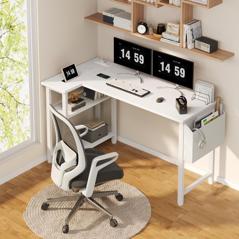 Photo 1 of Lufeiya White L Shaped Computer Desk with Power Outlet Shelves, 47 Inch Corner Desk for Home Office Bedroom, L-Shaped Study Writing Working PC Desks, White