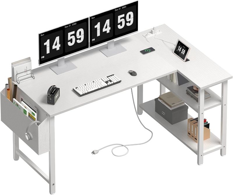 Photo 1 of Lufeiya White L Shaped Computer Desk with Power Outlet Shelves, 47 Inch Corner Desk for Home Office Bedroom, L-Shaped Study Writing Working PC Desks, White