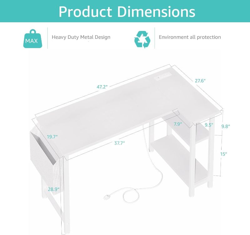 Photo 1 of Lufeiya White L Shaped Computer Desk with Power Outlet Shelves, 47 Inch Corner Desk for Home Office Bedroom, L-Shaped Study Writing Working PC Desks, White