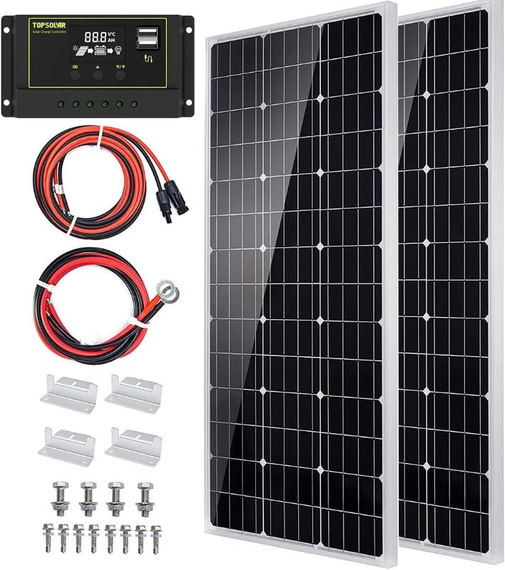 Photo 1 of Topsolar Solar Panel Kit 200?2*100W) Watt 12 Volt Monocrystalline Off Grid System for Homes RV Boat + 30A 12V/24V Solar Charge Controller + Solar Cables + Z-Brackets for Mounting