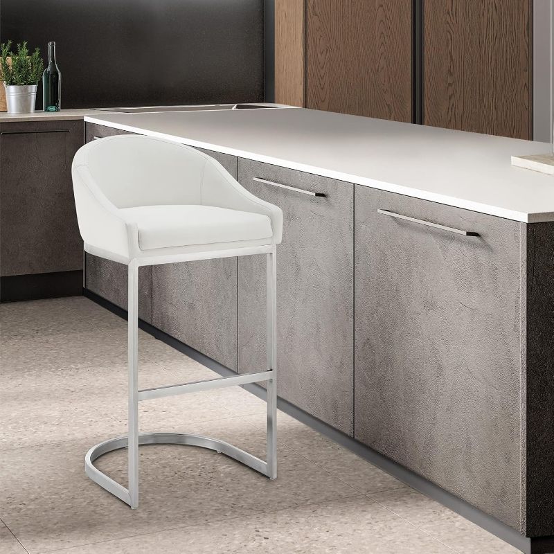 Photo 1 of Armen Living Katherine Counter Stool in Brushed Stainless Steel with White Faux Leather