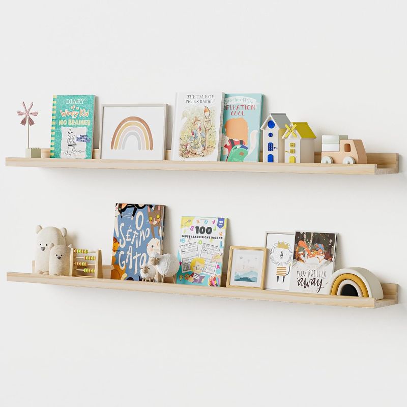 Photo 1 of Long Floating Shelves for Wall, 48 inch Solid Wood Picture Ledge Shelf, Picture Shelf for Wall with Ledge, Floating Book Shelves for living room Bedroom Nursery Decor, Natural Unfinished, Set of 2