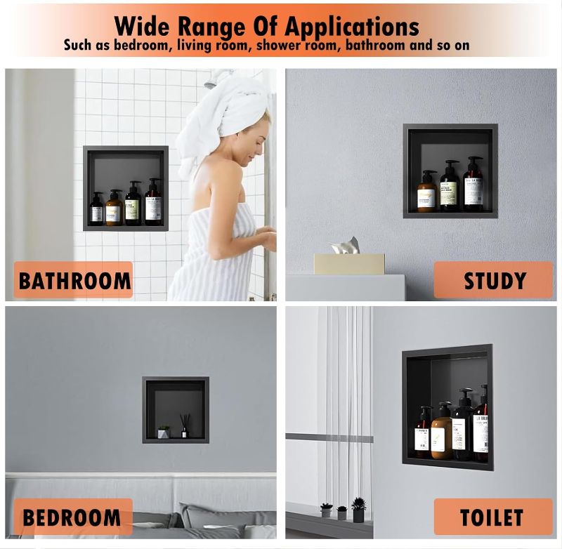 Photo 1 of Double Shower Niche,Stainless Steel Shower Niche,Bathroom Shelf Inserts,Bathroom Wall Cabinet Bathroom Shampoo Soap Toiletries Shower Storage Alcove-900 * 280 * 125mm,Black