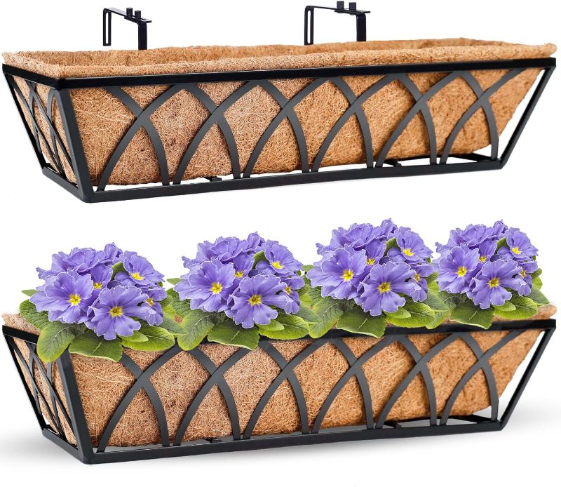 Photo 1 of HFHOME 24 inch Window Deck Rail Planter Including Coco Liner, 24" Dia Window Box Horse Trough with Coconut Coir Liners, Black Metal Hanging Flower Planter Basket for Indoor Outdoor Lawn