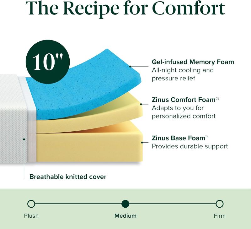 Photo 1 of Twin - ZINUS 10 Inch Green Tea Cooling Memory Foam Mattress [New Version], Twin, Fiberglass Free, Medium Firmness, Cooling Gel Foam, Certified Safe Foams & Fabric, Mattress in A Box