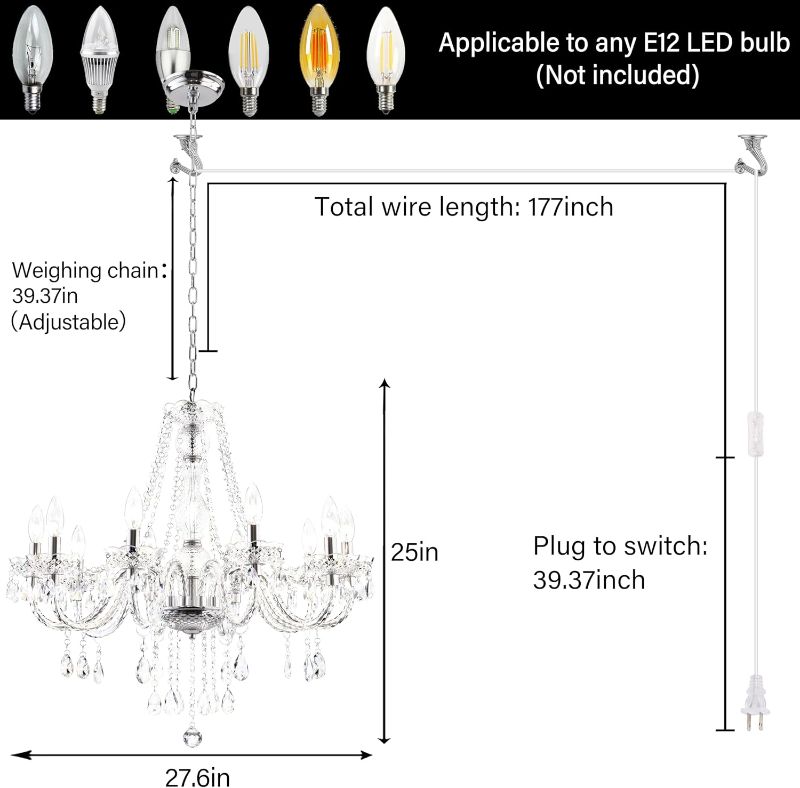 Photo 1 of PAPAYA Plug in Crystal Chandeliers Clear Chandelier 25 * 27.5in 10-Light Modern Pendant Ceiling Lighting Fixture with Acrylic Crystals & Beads for Girls Room,Living Room,Kitchen Island,Entryway.