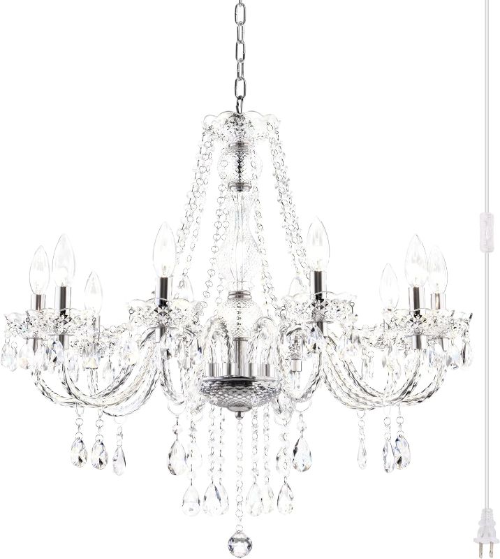 Photo 1 of PAPAYA Plug in Crystal Chandeliers Clear Chandelier 25 * 27.5in 10-Light Modern Pendant Ceiling Lighting Fixture with Acrylic Crystals & Beads for Girls Room,Living Room,Kitchen Island,Entryway.