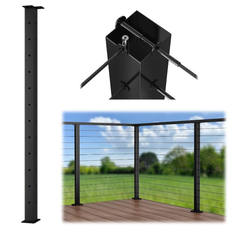 Photo 1 of Muzata Black Corner Cable Railing Post 42 Inch 42"x2"x2" T-drilled One-Post Corner Solution Surface Mount Stainless Steel Cable Railing System Kit Indoor Outdoor with Paper User Guide PS02 B34L