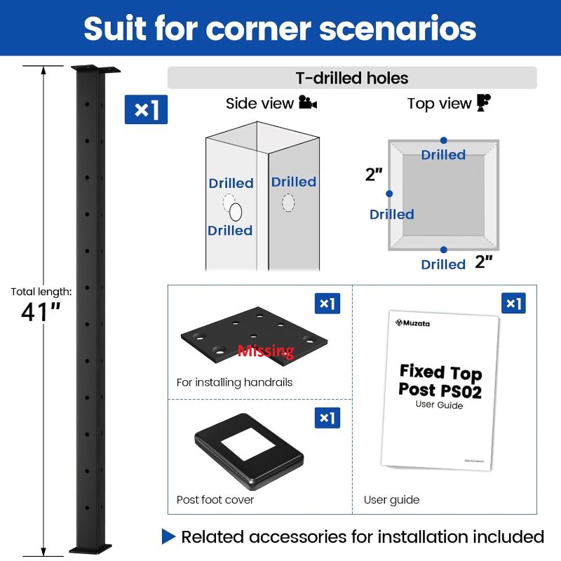 Photo 1 of Muzata Black Corner Cable Railing Post 42 Inch 42"x2"x2" T-drilled One-Post Corner Solution Surface Mount Stainless Steel Cable Railing System Kit Indoor Outdoor with Paper User Guide PS02 B34L