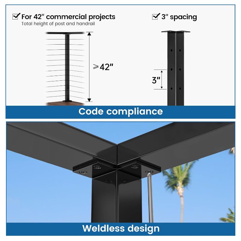 Photo 1 of Muzata Black Corner Cable Railing Post 42 Inch 42"x2"x2" T-drilled One-Post Corner Solution Surface Mount Stainless Steel Cable Railing System Kit Indoor Outdoor with Paper User Guide PS02 B34L