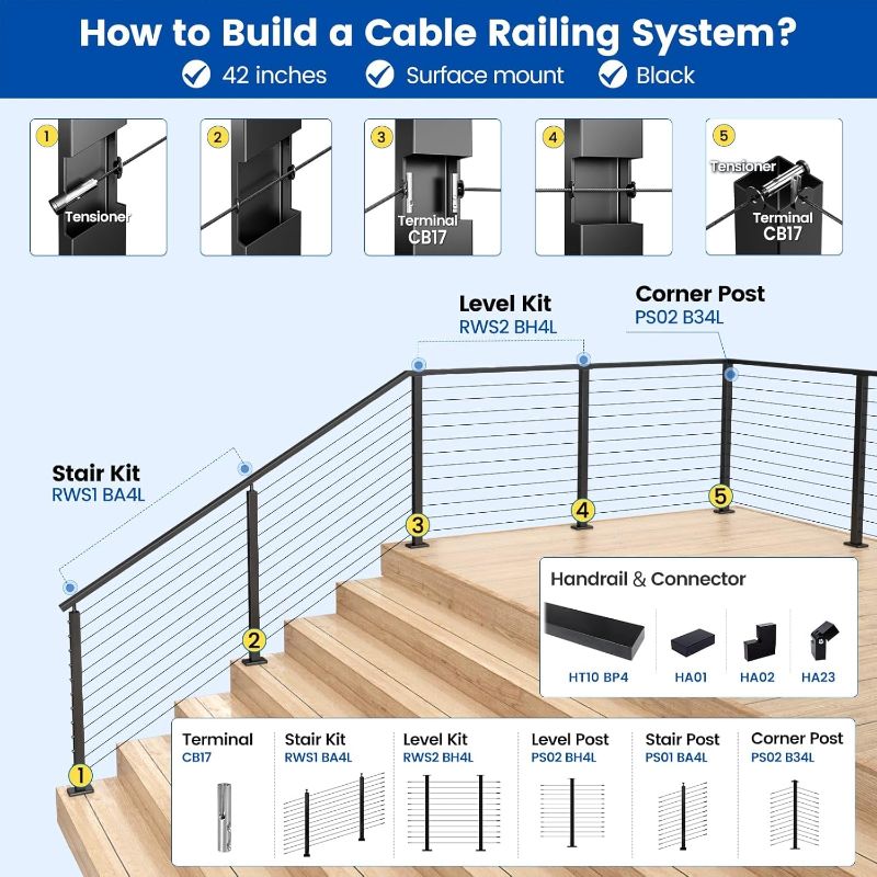 Photo 1 of Muzata Black Corner Cable Railing Post 42 Inch 42"x2"x2" T-drilled One-Post Corner Solution Surface Mount Stainless Steel Cable Railing System Kit Indoor Outdoor with Paper User Guide PS02 B34L