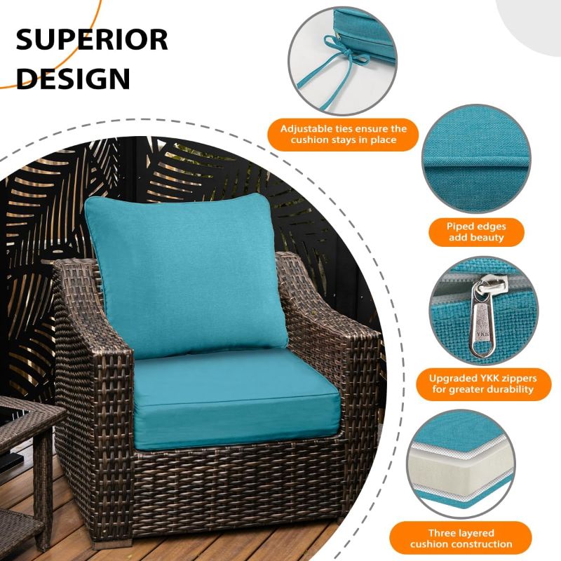 Photo 1 of Sundale Outdoor Olefin Deep Seat Cushion Set of 2, Patio Chair Cushion and Pillow, Water-Resistant Sectional Sofa Pad with Straps Teal, 24 x 24 x 6 Inches