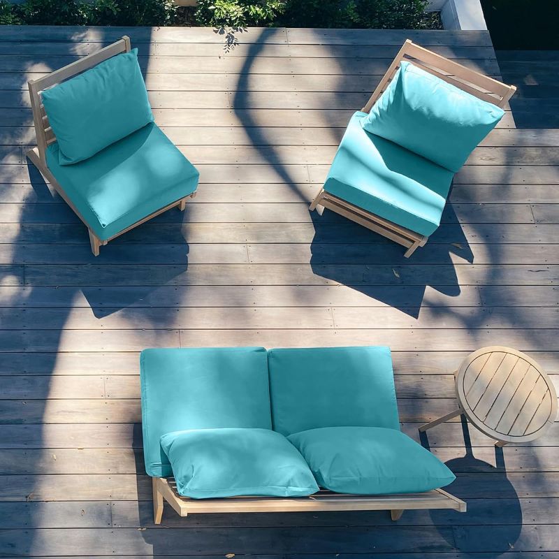 Photo 1 of Sundale Outdoor Olefin Deep Seat Cushion Set of 2, Patio Chair Cushion and Pillow, Water-Resistant Sectional Sofa Pad with Straps Teal, 24 x 24 x 6 Inches