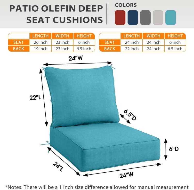 Photo 1 of Sundale Outdoor Olefin Deep Seat Cushion Set of 2, Patio Chair Cushion and Pillow, Water-Resistant Sectional Sofa Pad with Straps Teal, 24 x 24 x 6 Inches