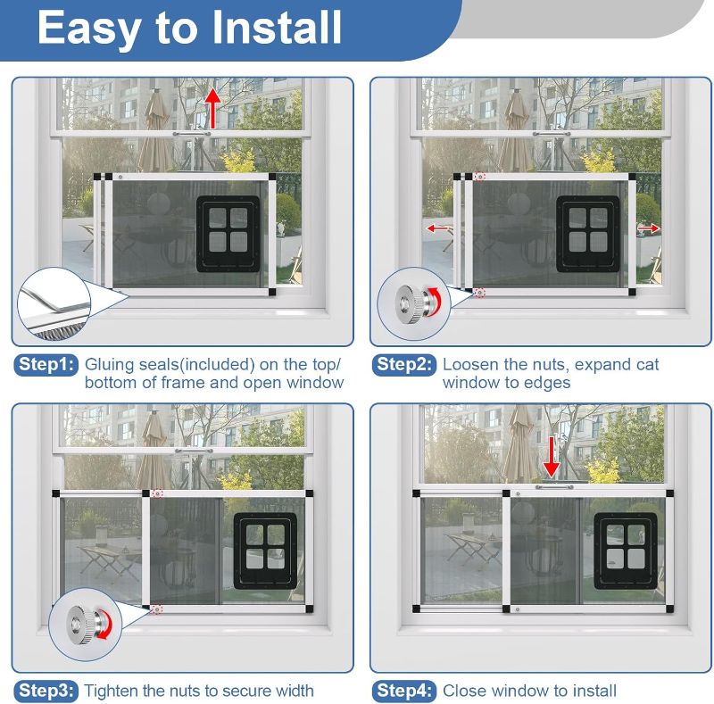 Photo 1 of Adjustable Ventilated Pet Door for Window 35.4"-46.7" Wide, White Aluminum Frame + Stainless Steel Mesh | Breathable Bug-Proof | 4-Way Lock Magnetic Closure Cat Window Door,Cat Door for Window Insert