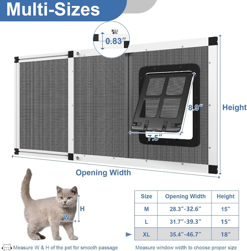 Photo 1 of Adjustable Ventilated Pet Door for Window 35.4"-46.7" Wide, White Aluminum Frame + Stainless Steel Mesh | Breathable Bug-Proof | 4-Way Lock Magnetic Closure Cat Window Door,Cat Door for Window Insert