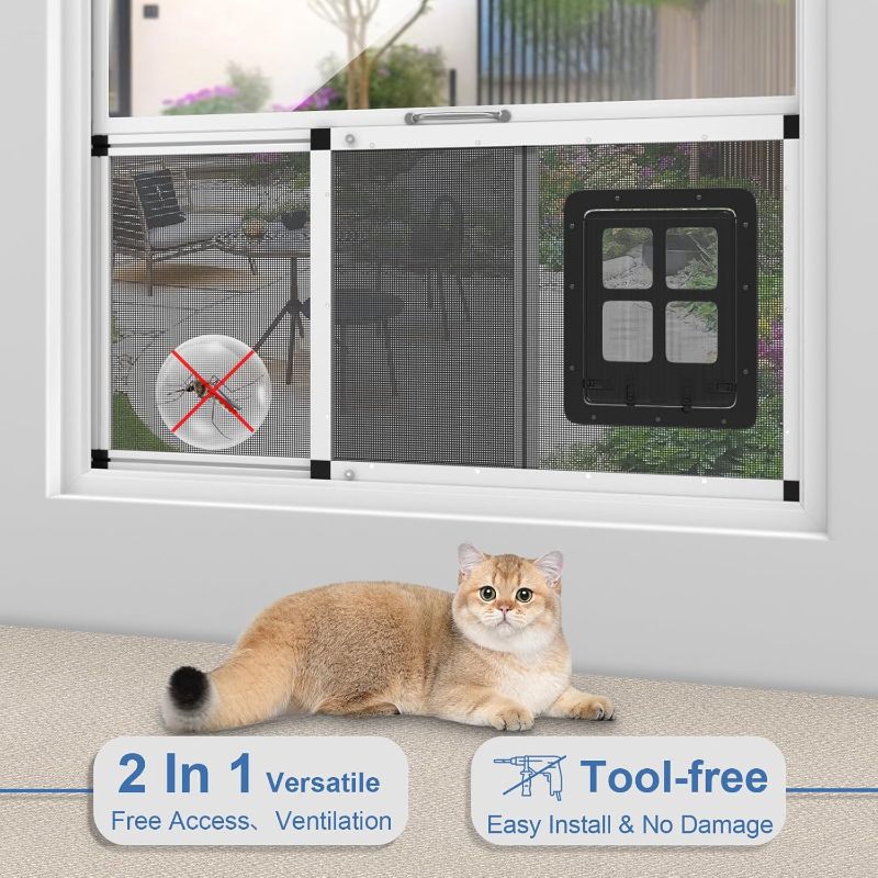 Photo 1 of Adjustable Ventilated Pet Door for Window 35.4"-46.7" Wide, White Aluminum Frame + Stainless Steel Mesh | Breathable Bug-Proof | 4-Way Lock Magnetic Closure Cat Window Door,Cat Door for Window Insert