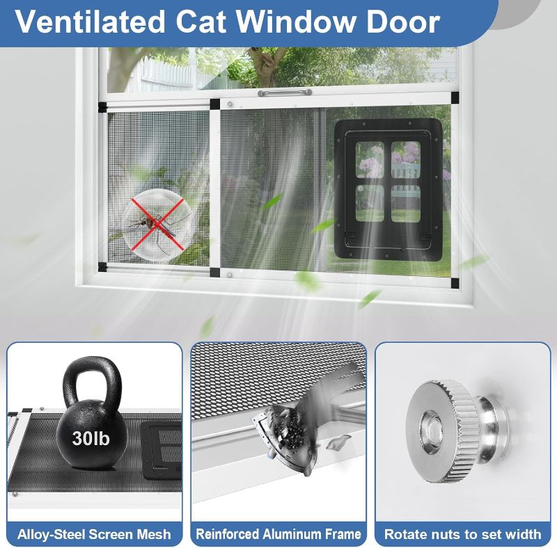 Photo 1 of Adjustable Ventilated Pet Door for Window 35.4"-46.7" Wide, White Aluminum Frame + Stainless Steel Mesh | Breathable Bug-Proof | 4-Way Lock Magnetic Closure Cat Window Door,Cat Door for Window Insert