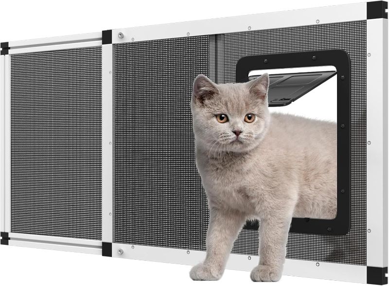 Photo 1 of Adjustable Ventilated Pet Door for Window 35.4"-46.7" Wide, White Aluminum Frame + Stainless Steel Mesh | Breathable Bug-Proof | 4-Way Lock Magnetic Closure Cat Window Door,Cat Door for Window Insert