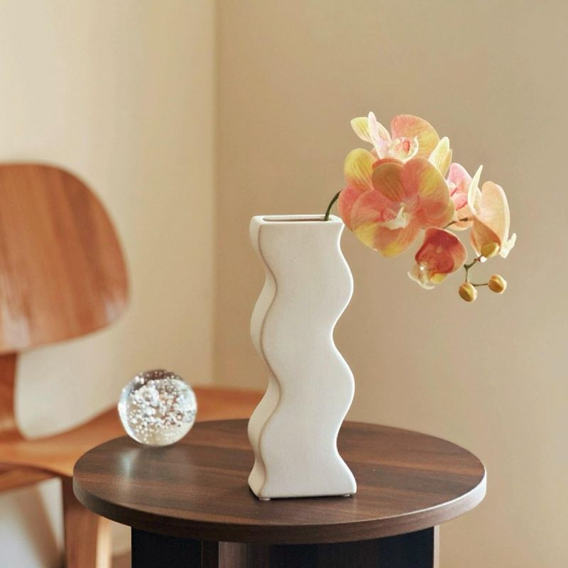 Photo 1 of Modern 10.23'' Tall Ceramic Vase for Flowers, Geometric Wave Flower Vase for Home Living Room Bookshelf Office Aesthetic Funky Decor(White-10.23''H)