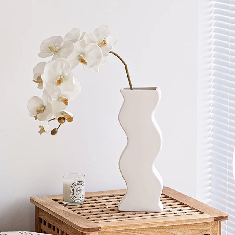 Photo 1 of Modern 10.23'' Tall Ceramic Vase for Flowers, Geometric Wave Flower Vase for Home Living Room Bookshelf Office Aesthetic Funky Decor(White-10.23''H)