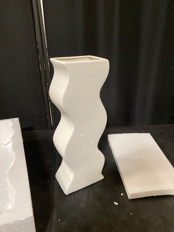 Photo 1 of Modern 10.23'' Tall Ceramic Vase for Flowers, Geometric Wave Flower Vase for Home Living Room Bookshelf Office Aesthetic Funky Decor(White-10.23''H)