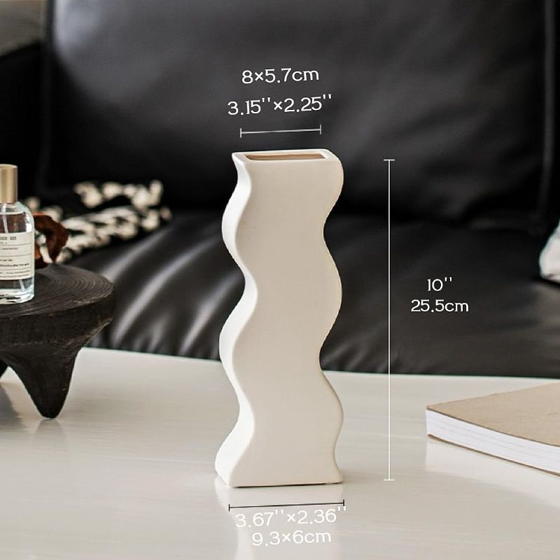 Photo 1 of Modern 10.23'' Tall Ceramic Vase for Flowers, Geometric Wave Flower Vase for Home Living Room Bookshelf Office Aesthetic Funky Decor(White-10.23''H)