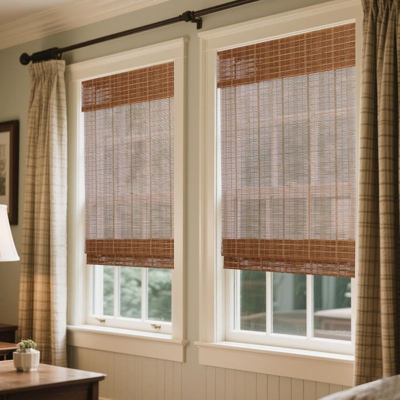 Photo 1 of Bamboo Roman Shades for Windows, Cordless Chestnut Natural Woven Wood Lined Roman Shade for Windows, Doors, Porch