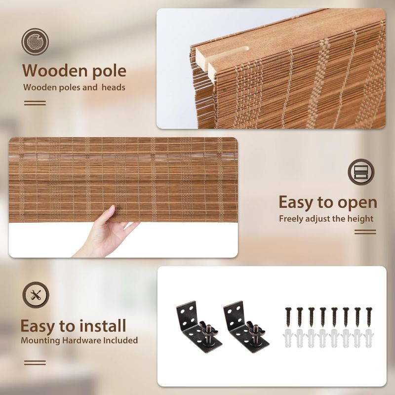 Photo 1 of Bamboo Roman Shades for Windows, Cordless Chestnut Natural Woven Wood Lined Roman Shade for Windows, Doors, Porch