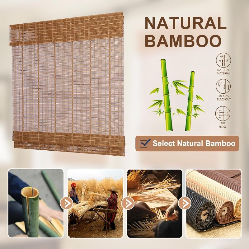 Photo 1 of Bamboo Roman Shades for Windows, Cordless Chestnut Natural Woven Wood Lined Roman Shade for Windows, Doors, Porch