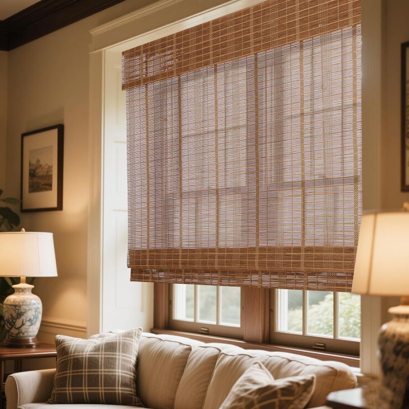 Photo 1 of Bamboo Roman Shades for Windows, Cordless Chestnut Natural Woven Wood Lined Roman Shade for Windows, Doors, Porch