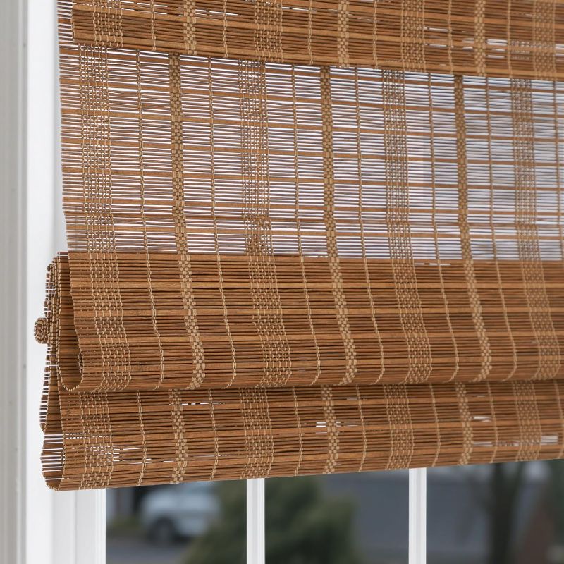 Photo 1 of Bamboo Roman Shades for Windows, Cordless Chestnut Natural Woven Wood Lined Roman Shade for Windows, Doors, Porch