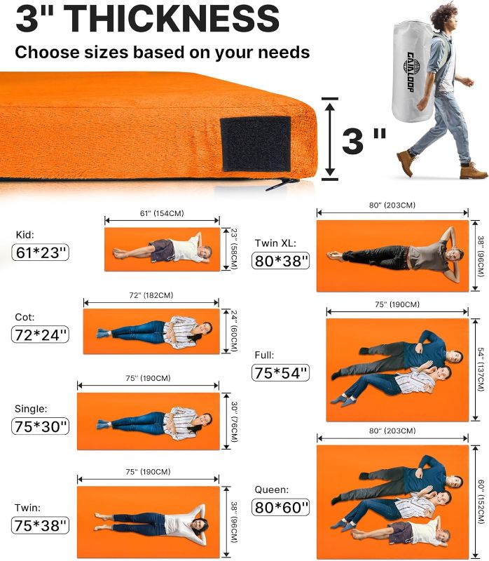 Photo 1 of 3 Inch GAIALOOP Thick Memory Foam Camping Mattress Sleeping Pad [Car/Tent/Cot] Glamping Portable Floor Mat Roll Up Futon Mattress for Guests Sleepover