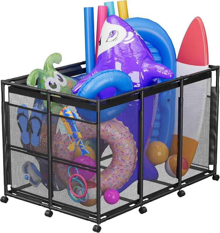 Photo 1 of Pool Float Storage – Outdoor Pool Toy Storage Organizer for Pool Noodles, Toys, Floats, Balls,Equipment, Mesh Rolling Storage Organizer Bin, Black