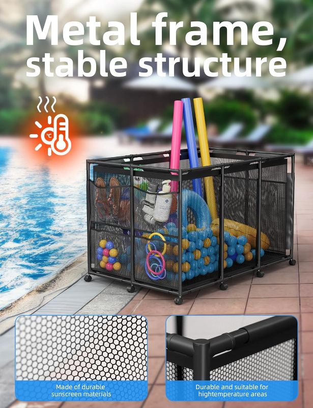 Photo 1 of Pool Float Storage – Outdoor Pool Toy Storage Organizer for Pool Noodles, Toys, Floats, Balls,Equipment, Mesh Rolling Storage Organizer Bin, Black