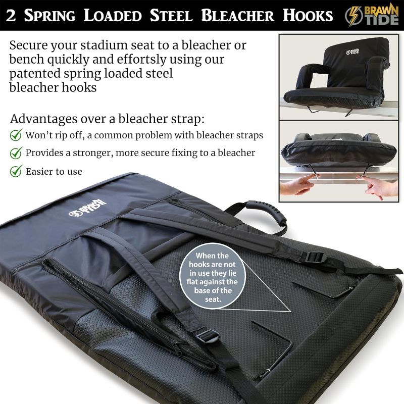 Photo 1 of BRAWNTIDE Stadium Seat with Back Support - Comfy Cushion, Thick Padding, 2 Steel Bleacher Hooks, 4 Pockets, 2 Cup Holders, Reclining Back, Ideal Chair for Sport Events, Beaches, Camping, Concerts