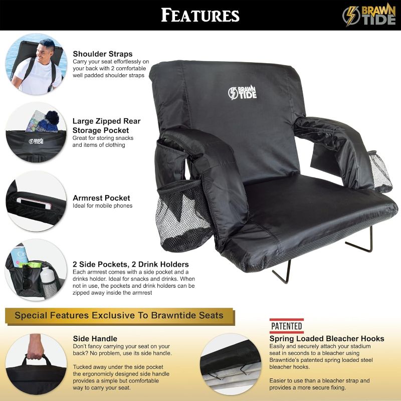 Photo 1 of BRAWNTIDE Stadium Seat with Back Support - Comfy Cushion, Thick Padding, 2 Steel Bleacher Hooks, 4 Pockets, 2 Cup Holders, Reclining Back, Ideal Chair for Sport Events, Beaches, Camping, Concerts
