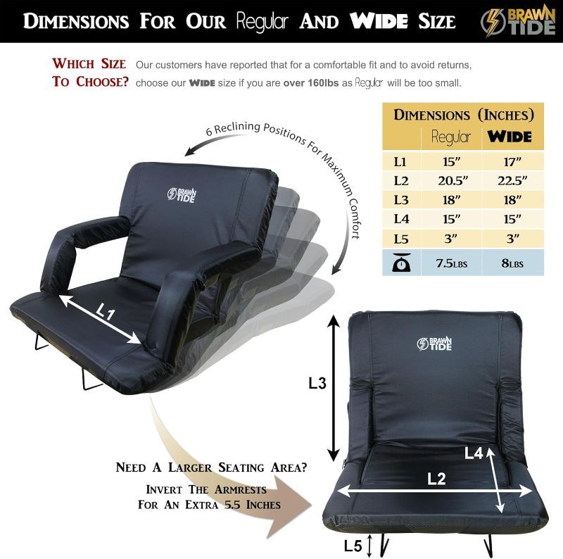 Photo 1 of BRAWNTIDE Stadium Seat with Back Support - Comfy Cushion, Thick Padding, 2 Steel Bleacher Hooks, 4 Pockets, 2 Cup Holders, Reclining Back, Ideal Chair for Sport Events, Beaches, Camping, Concerts