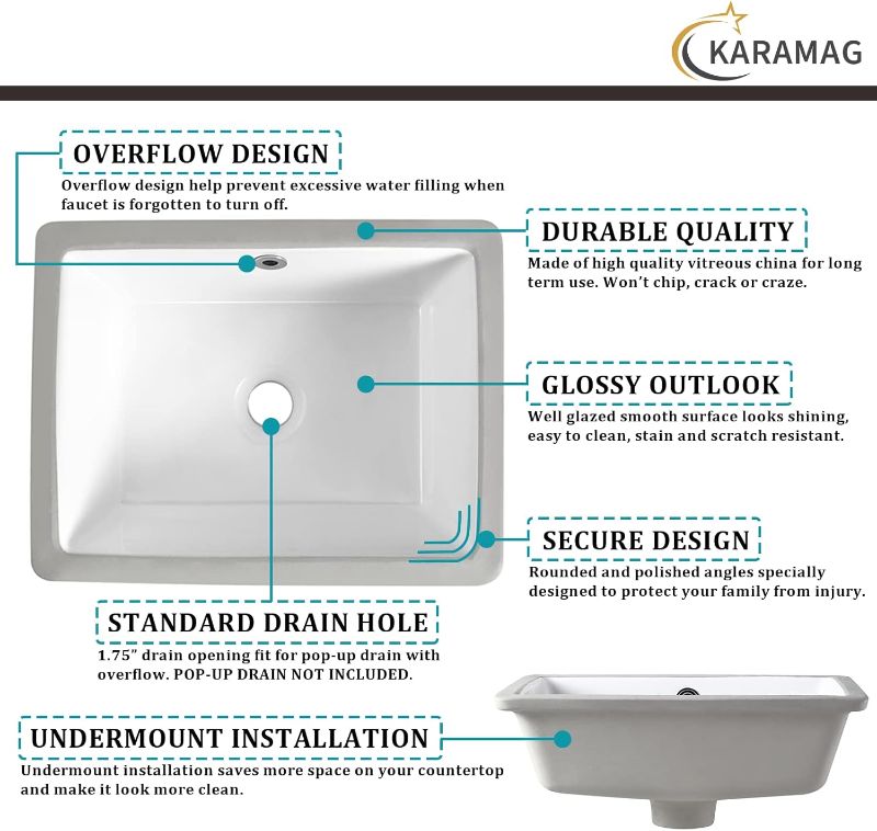 Photo 1 of 20 Inch Undermount Bathroom Sink Rectangle Undermount Sink White Ceramic Under Counter Bathroom Sinks with Overflow (19.5"x15.6")