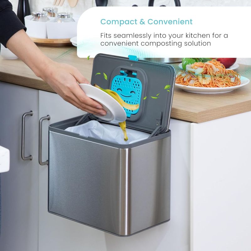 Photo 1 of Home Zone Living Kitchen Compost Bin with CleanAura, Stainless Steel, Small and Compact Design, Includes Placement Attachments, 5 Liter Capacity, Silver