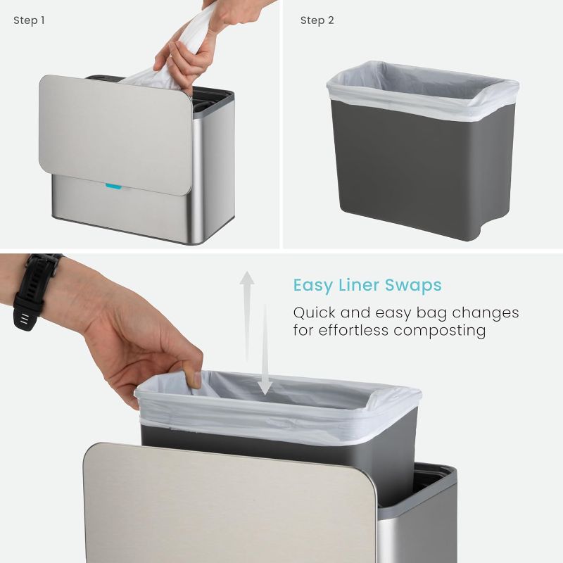 Photo 1 of Home Zone Living Kitchen Compost Bin with CleanAura, Stainless Steel, Small and Compact Design, Includes Placement Attachments, 5 Liter Capacity, Silver