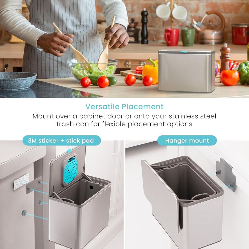 Photo 1 of Home Zone Living Kitchen Compost Bin with CleanAura, Stainless Steel, Small and Compact Design, Includes Placement Attachments, 5 Liter Capacity, Silver